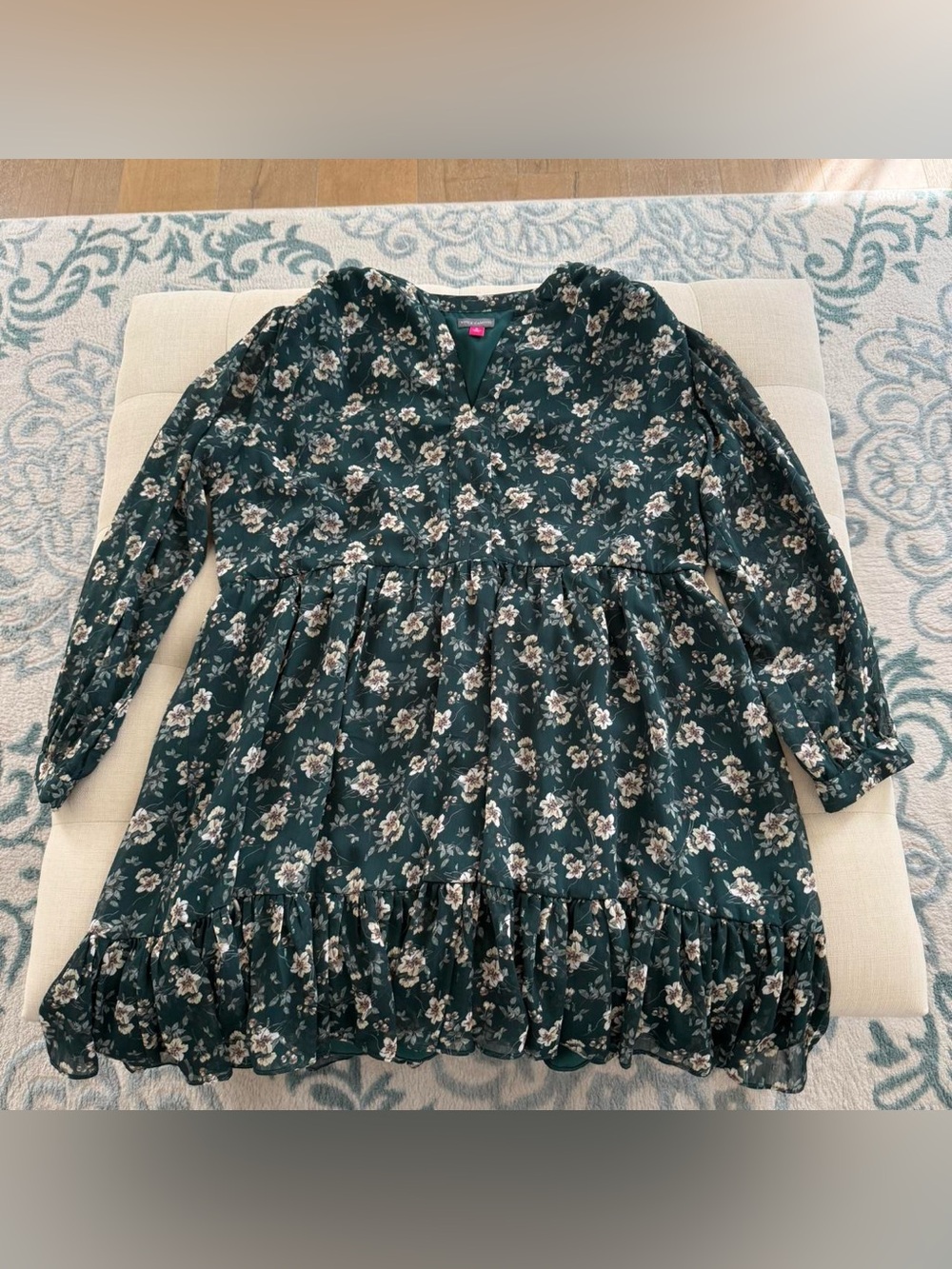 Dark Green Floral Long-Sleeve Peasant Dress